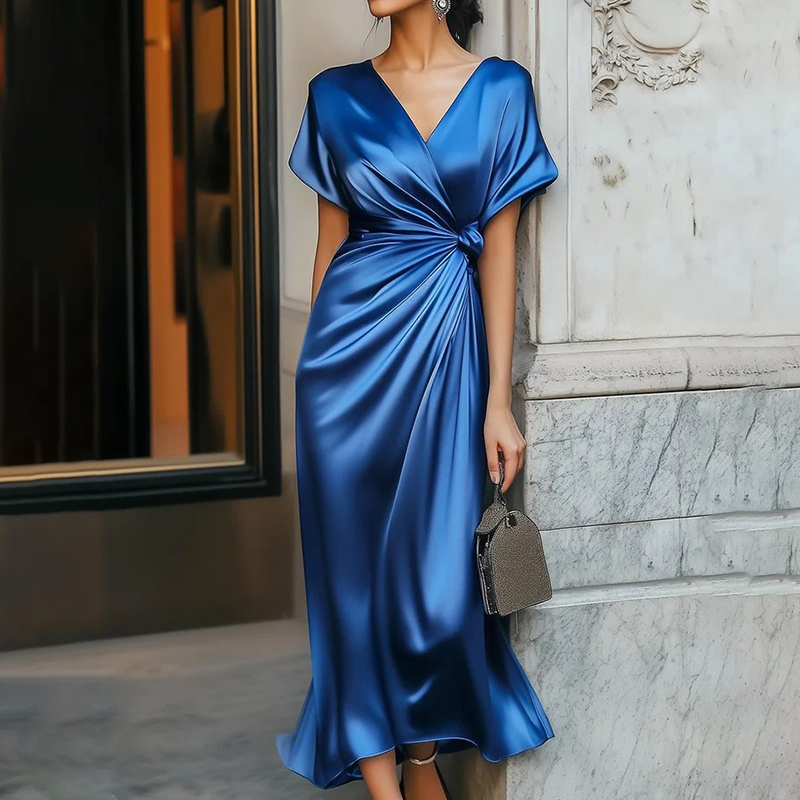 Elegant V-neck Short-sleeved Solid Satin Midi Dress