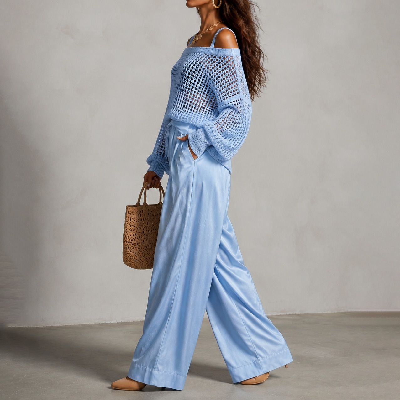 Elegance Two-piece Set: Openwork Knit Top And Wide-leg Pants