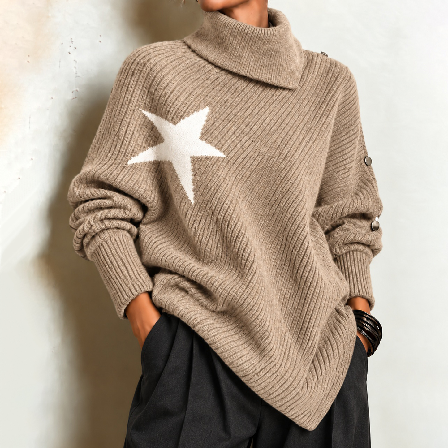Women's Fall Winter Cozy Asymmetric Oversized High-neck Star Pattern Ribbed Pullover Sweater