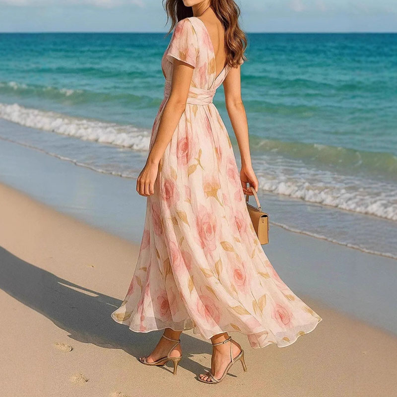 Women's High Waist Printed French Short Sleeve Dress