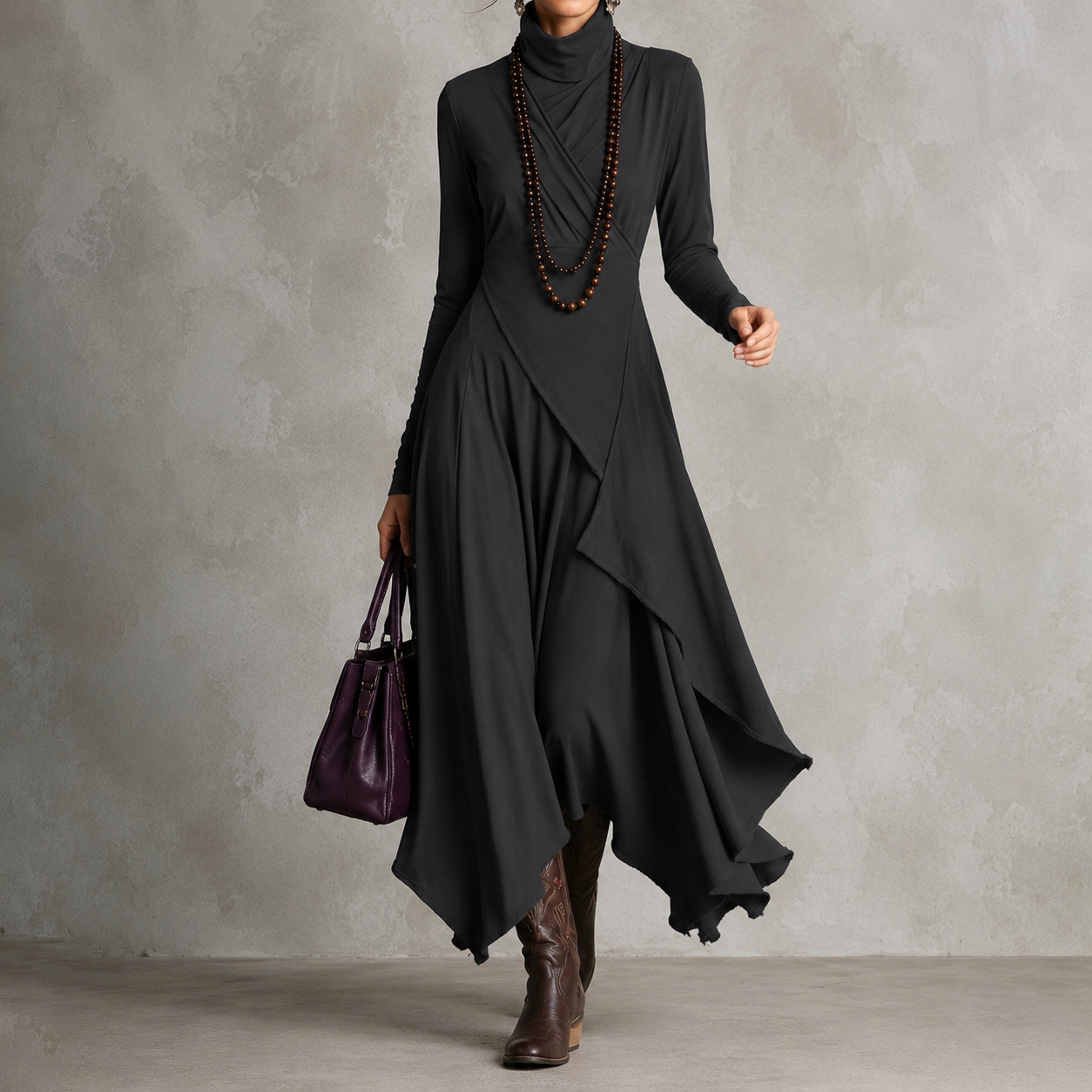 Retro Solid Color Long-sleeved Turtleneck Maxi Dress