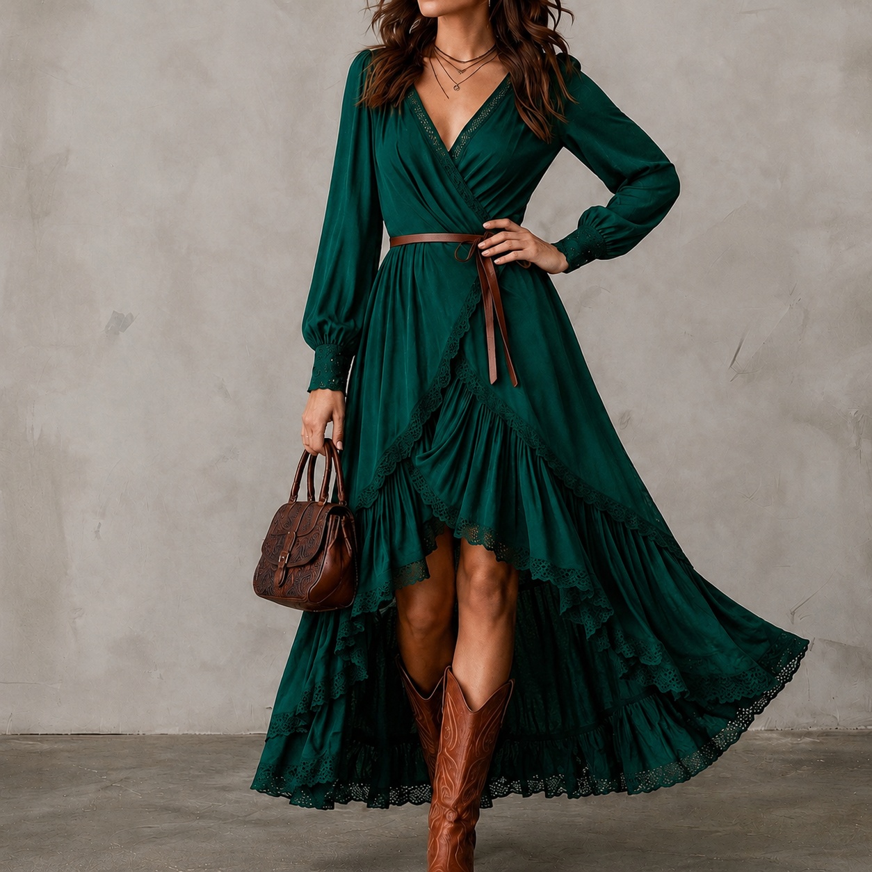 Retro V-neck Lace Trim Multi-layered Asymmetrical Hem Maxi Dress