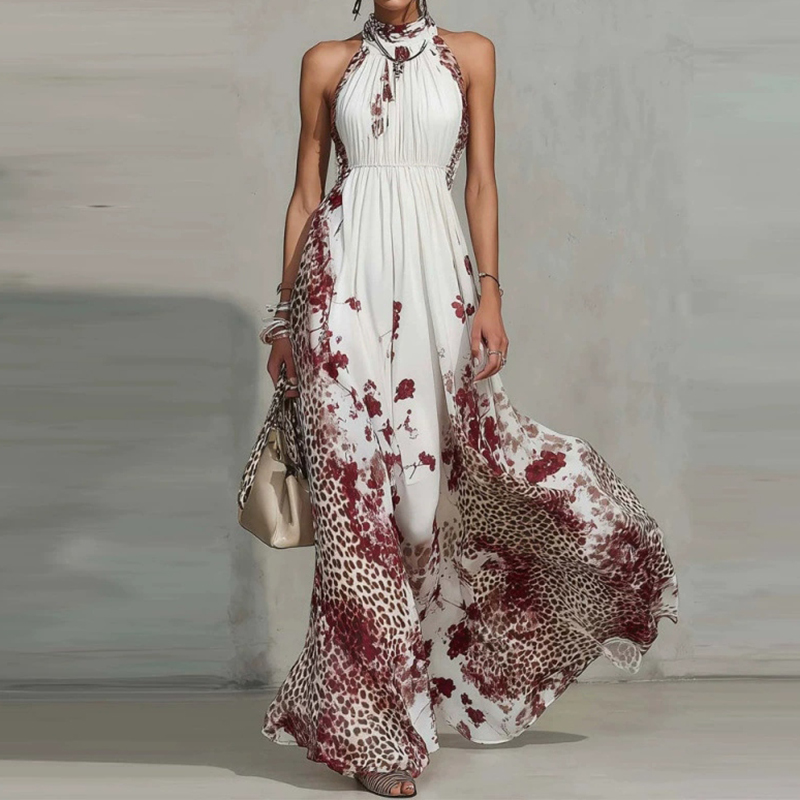 Stylish Leopard And Floral Print Halter Neck Flowing Maxi Dress