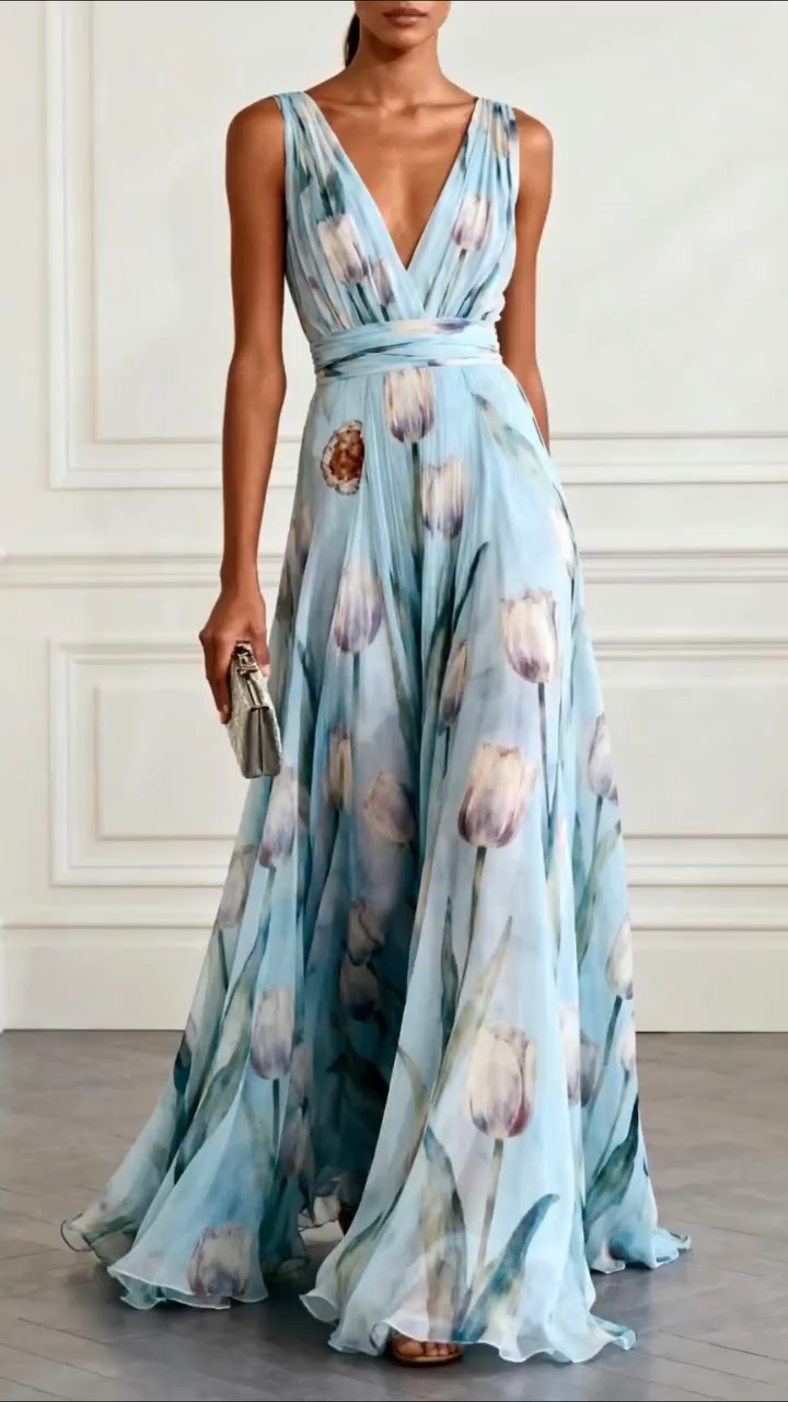 Tulip Print Sleeveless V-neck Maxi Dress