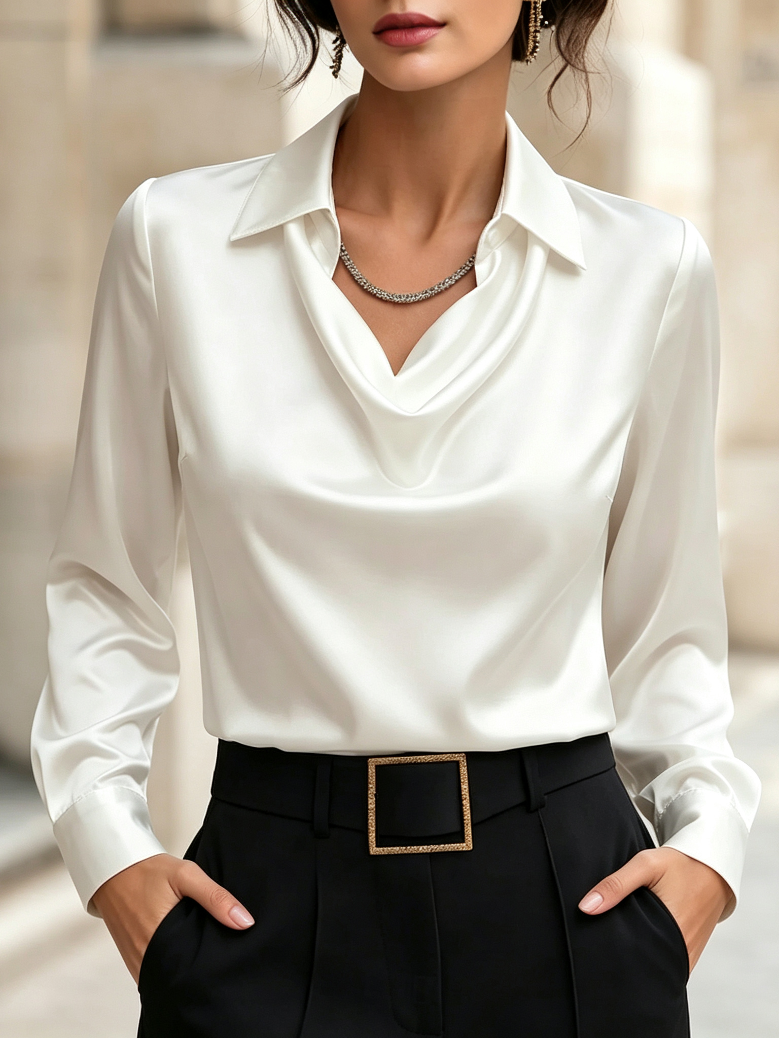 Elegant Satin Shirt Collar Blouse