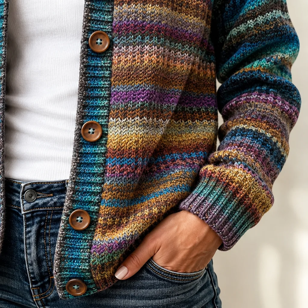 Women's Vintage Teal Multicolor Stripe Pattern Relaxed Fit Button Front Knit Cardigan Sweater