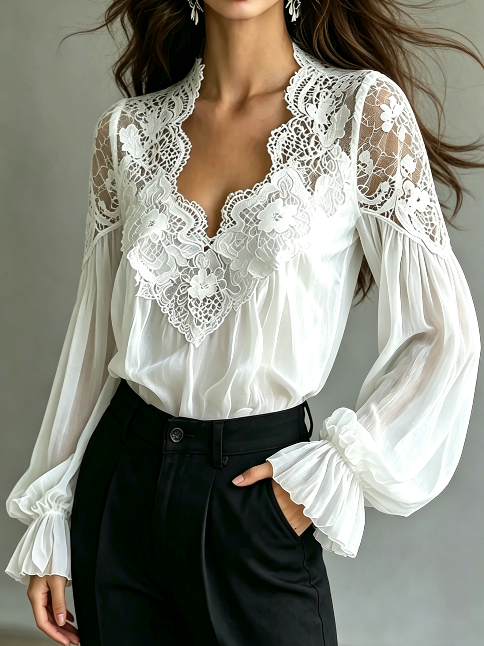 Elegant Lace-trimmed Long-sleeved Blouse