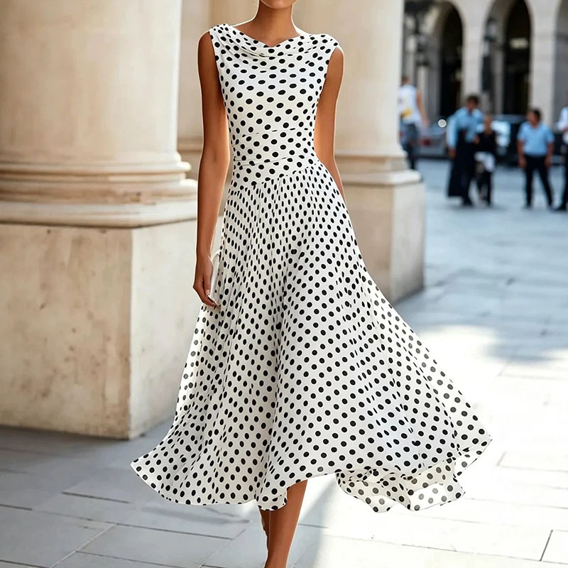 Elegant Polka Dot Sleeveless Flowy Midi Dress