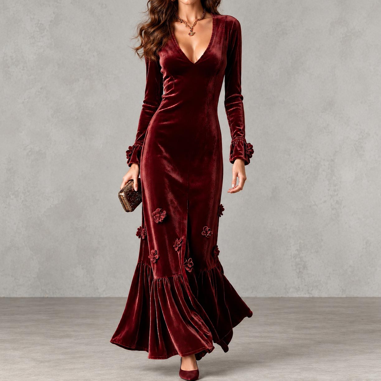 Elegant Velvet V-neck Long-sleeve Mermaid Maxi Dress