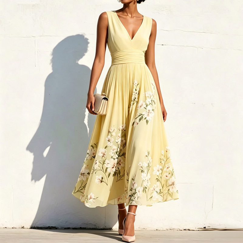 Elegant Floral Print V-neck Sleeveless Pleated Dress