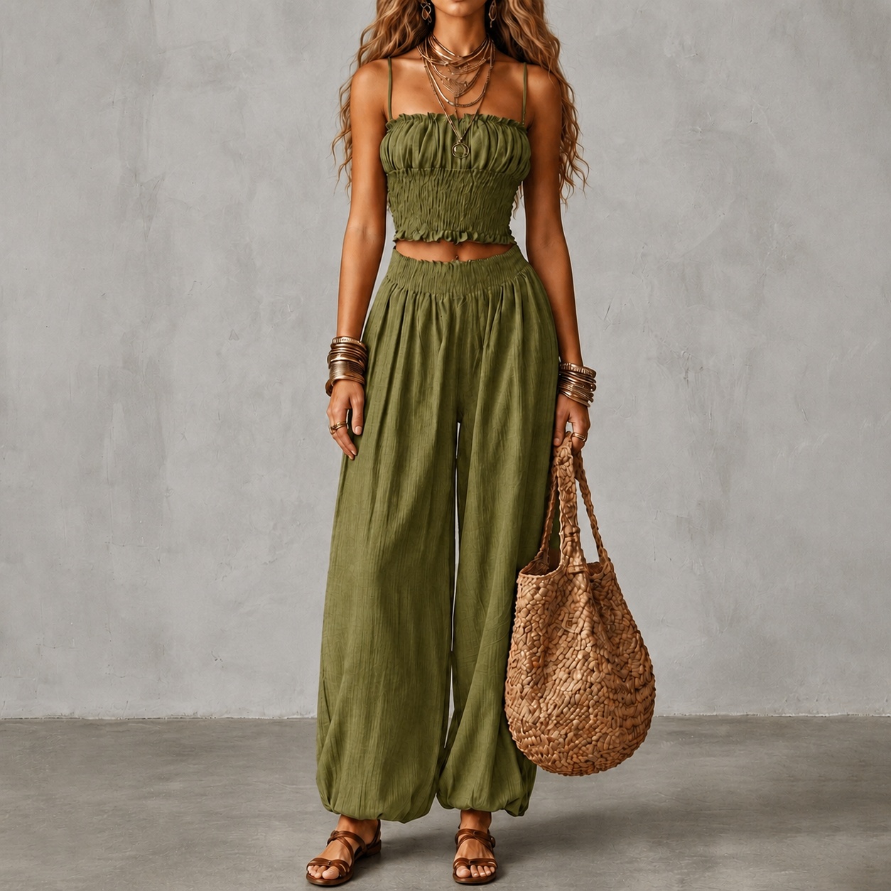 Strapless Cropped Tank Top And Lantern Pants Two-piece Set
