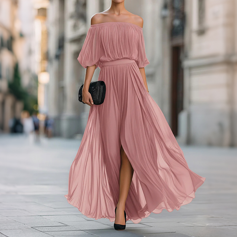 Off-shoulder Pleated Chiffon Maxi Dress