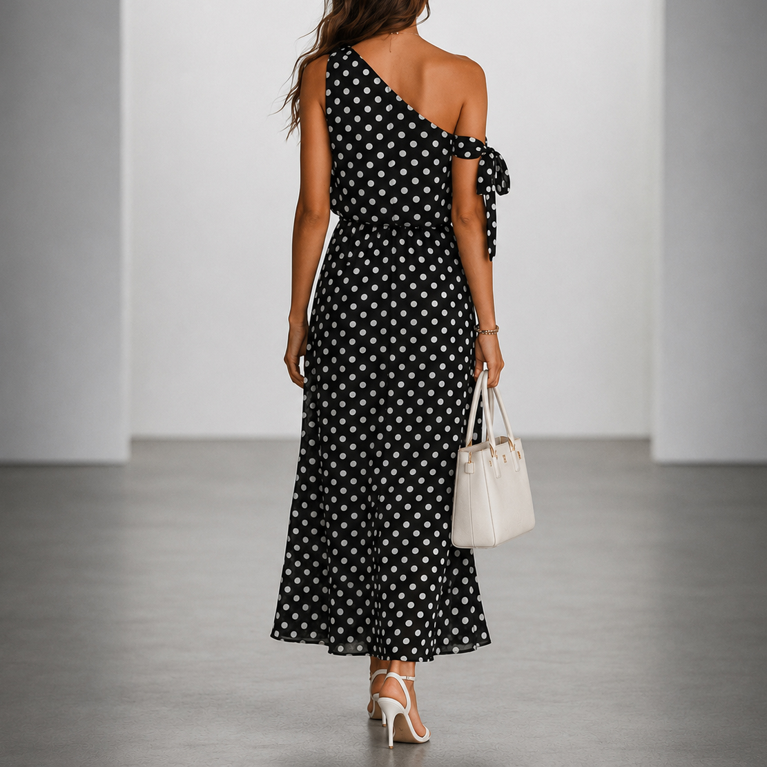 Elegant Off-shoulder Sleeveless Polka Dot Maxi Dress