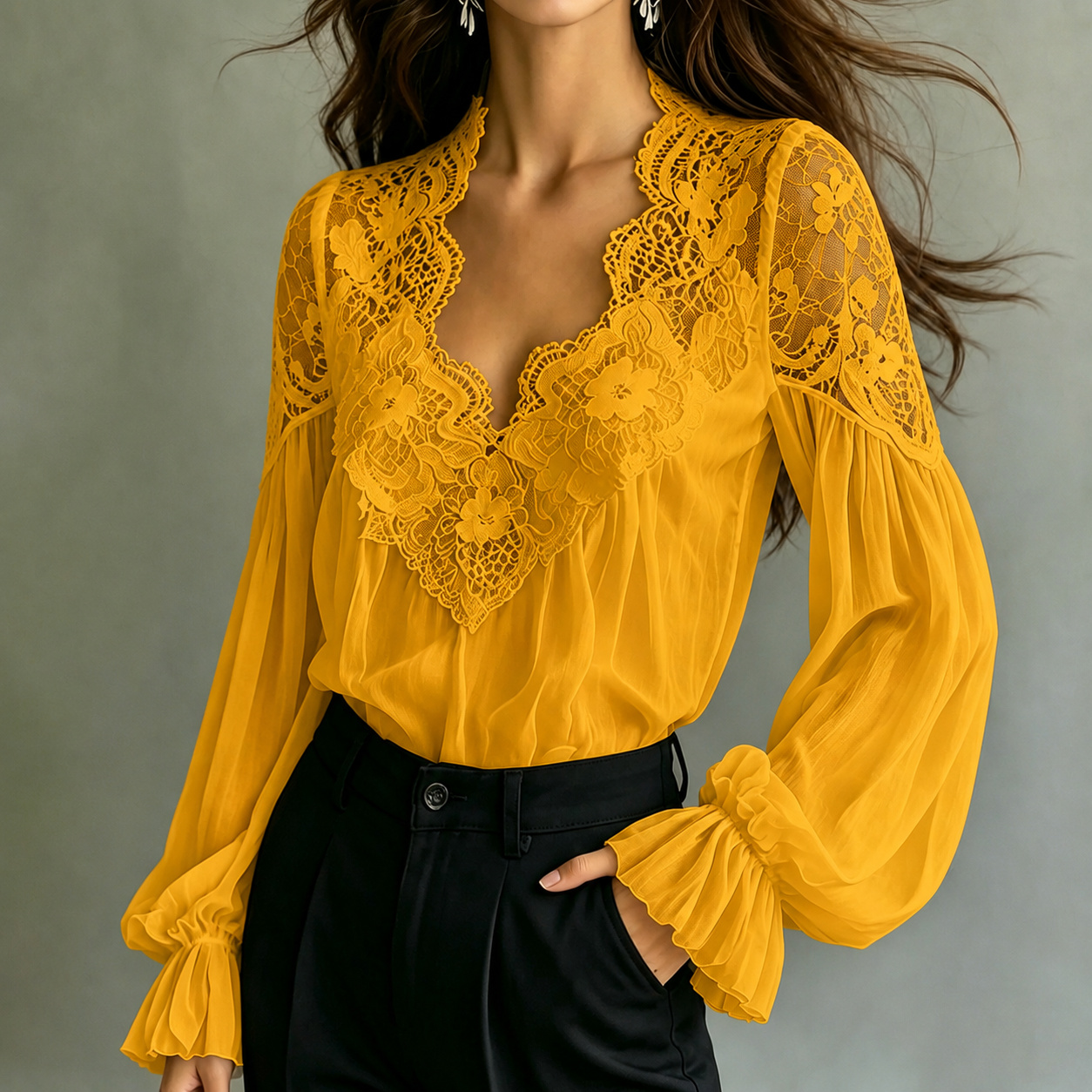 Elegant Lace-trimmed Long-sleeved Blouse
