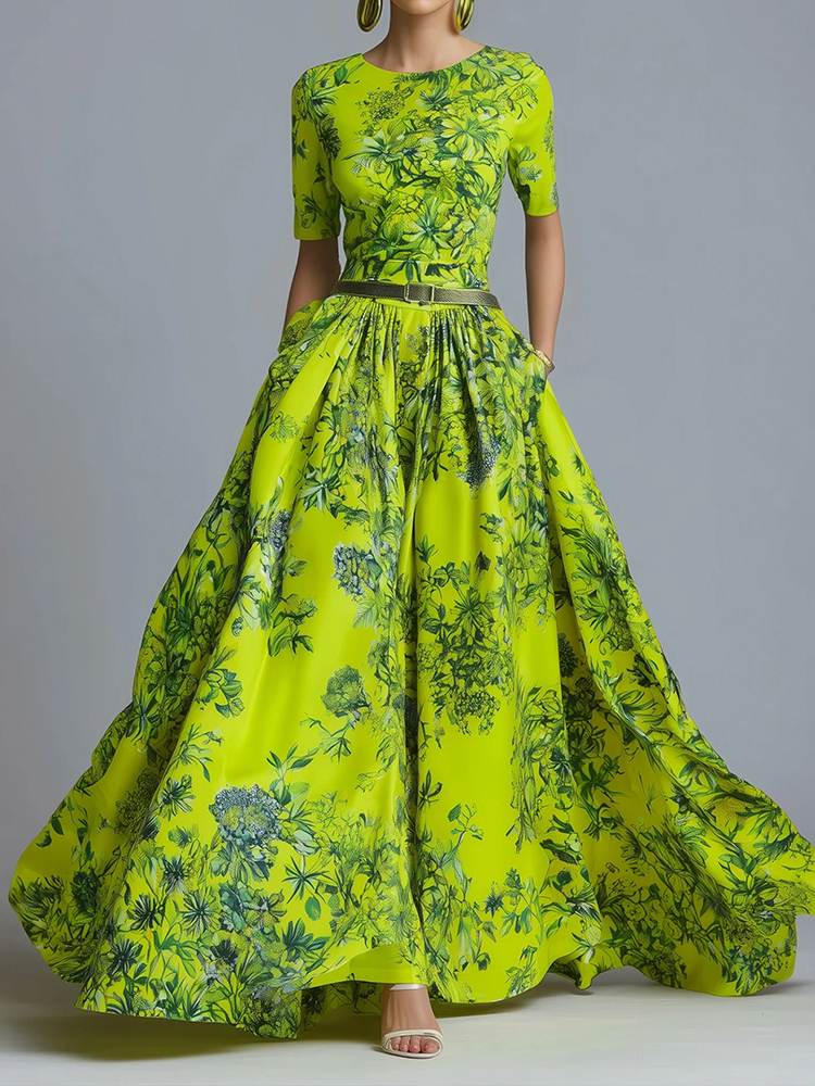 Elegant High Waist Maxi Dress X-line Crew Neck Summer Event