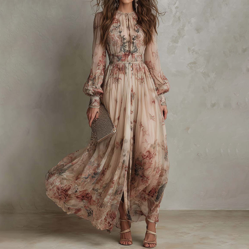 Women's Retro Chiffon Printed Pleated Waist Floral Dress