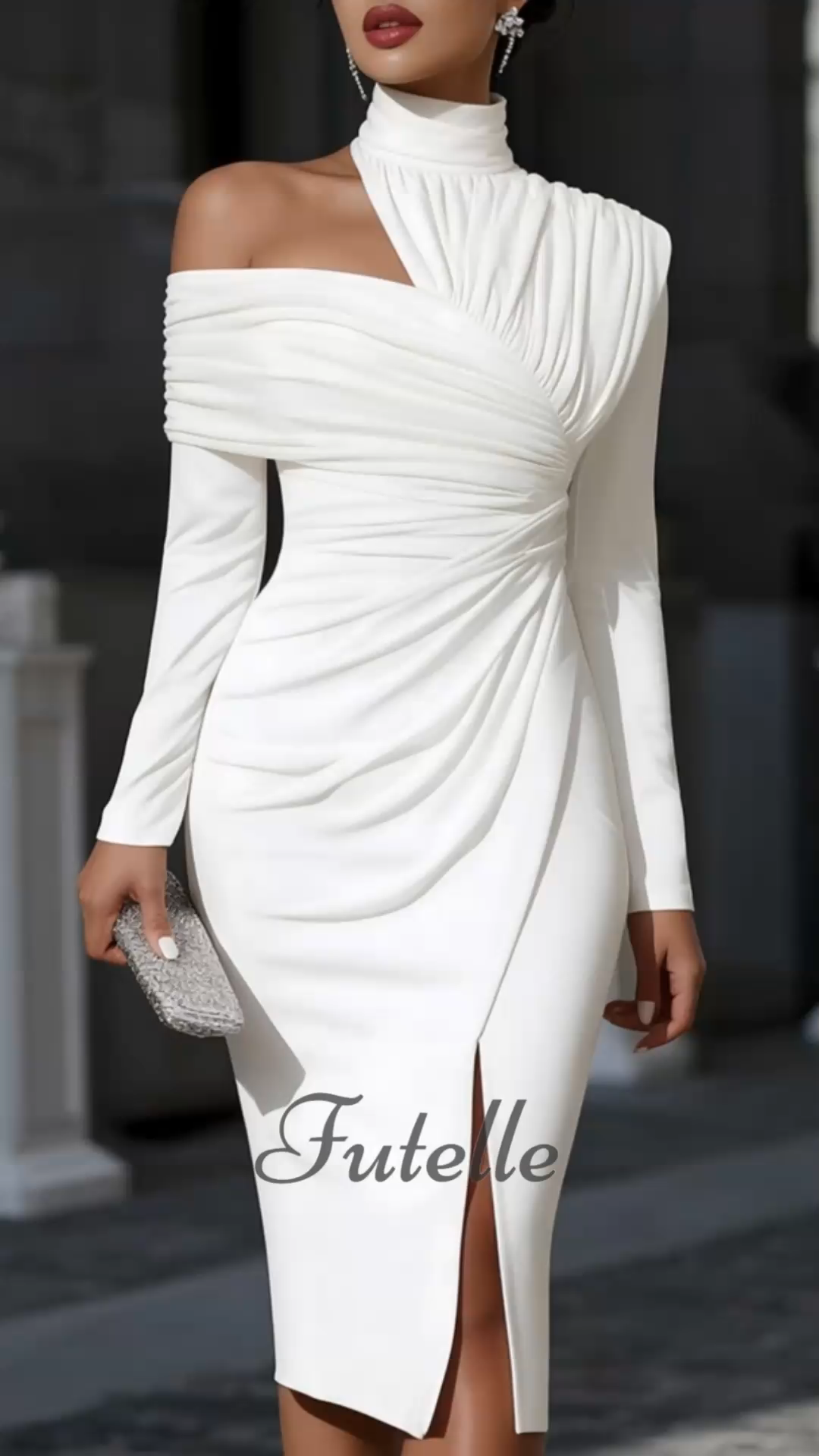 Elegant Solid Color Slim Fit Asymmetrical Neckline Ruched Dress