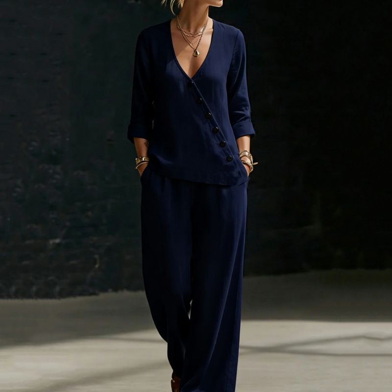 Minimalist Loose V-neck Slant-button Shirt And Wide-leg Pants Two-piece Set