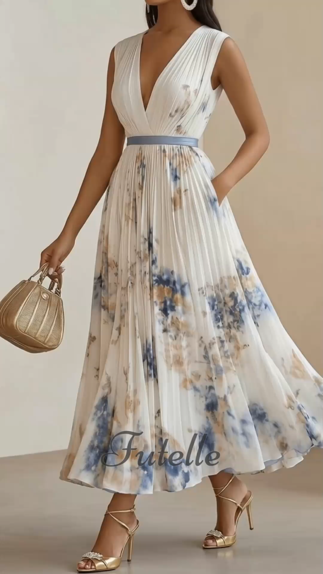 Women's Printed V-neck Sleeveless Fashion Pleated Dress