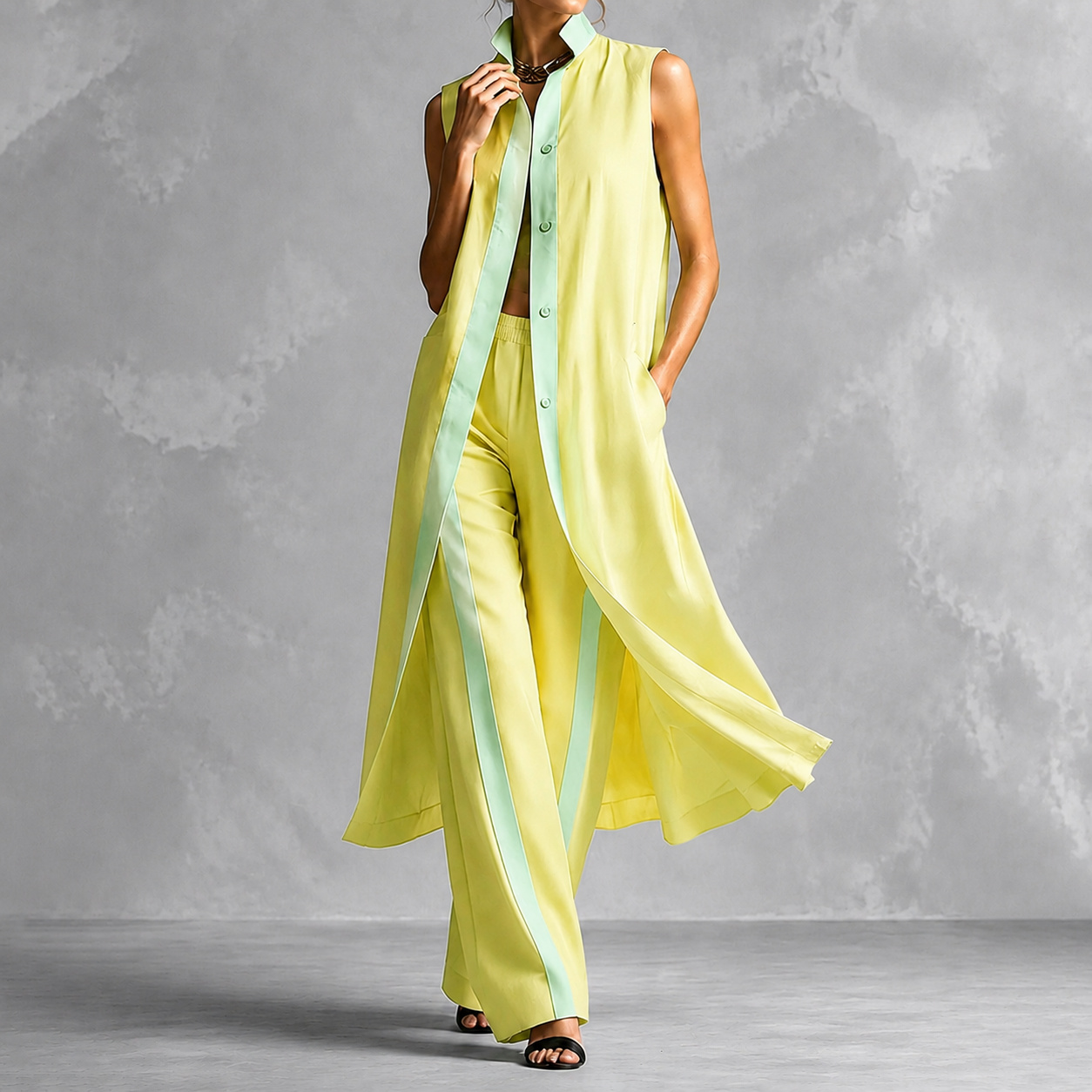 Elegant Two-piece Set Color-blocked Loose Cardigan + Trousers