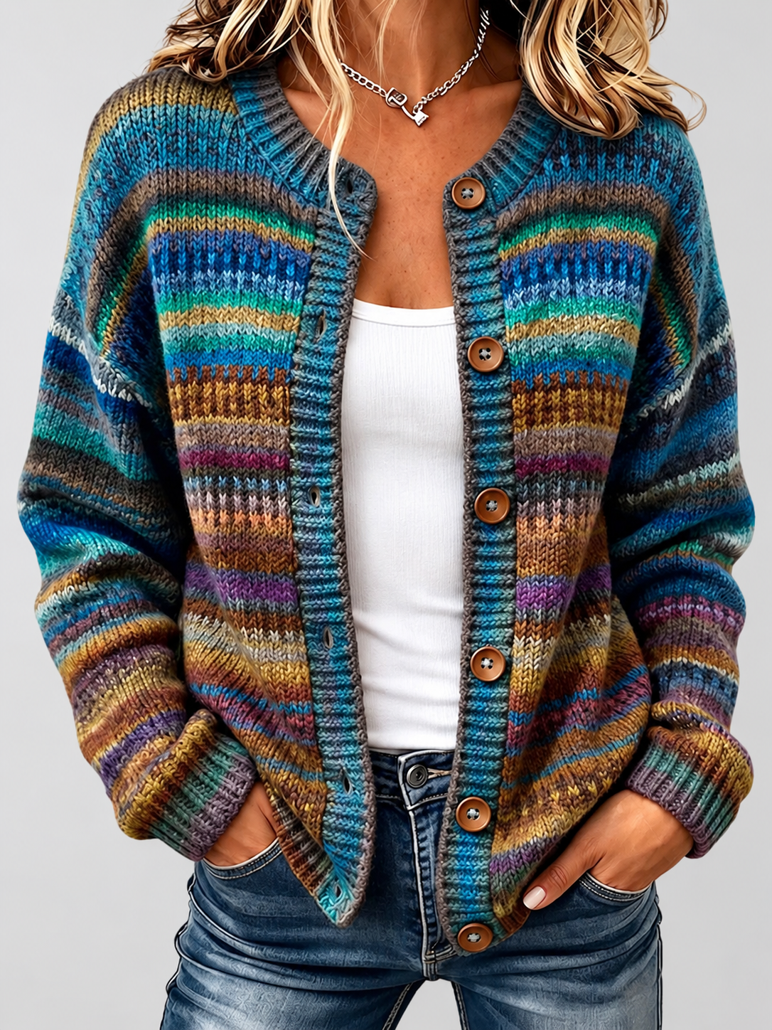 Multicolor Stripe Pattern Button Front Knit Cardigan Sweater