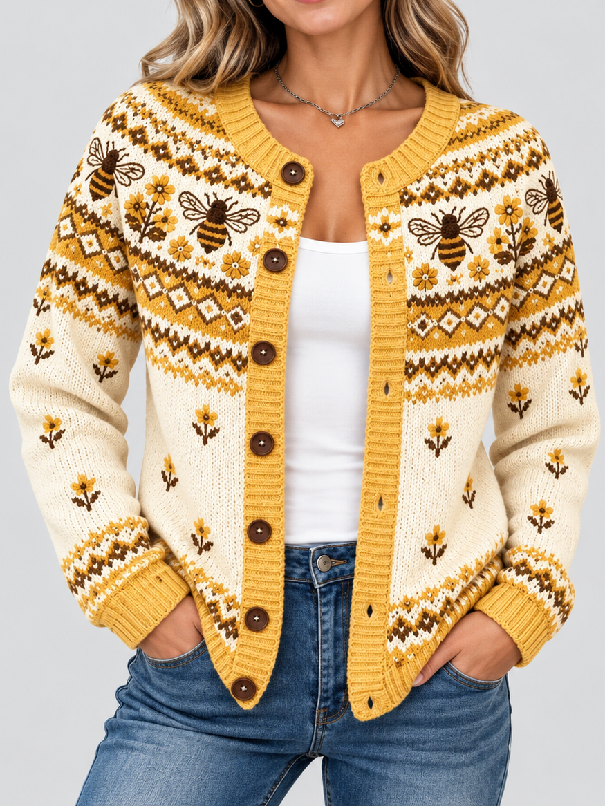 Women's Vintage Bee And Floral Print Casual Knit Cardigan Sweater