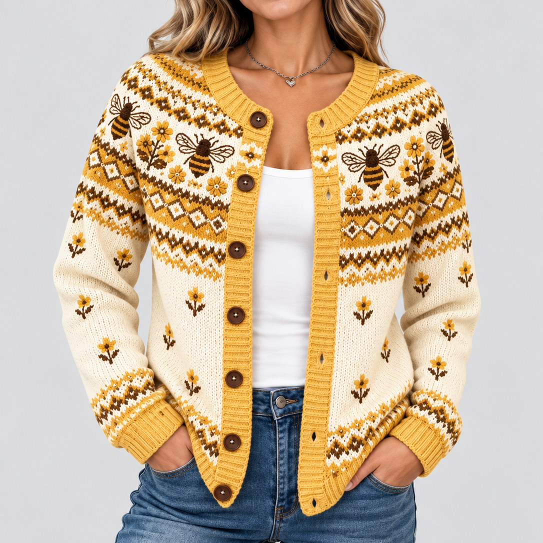Women's Vintage Bee And Floral Print Casual Knit Cardigan Sweater
