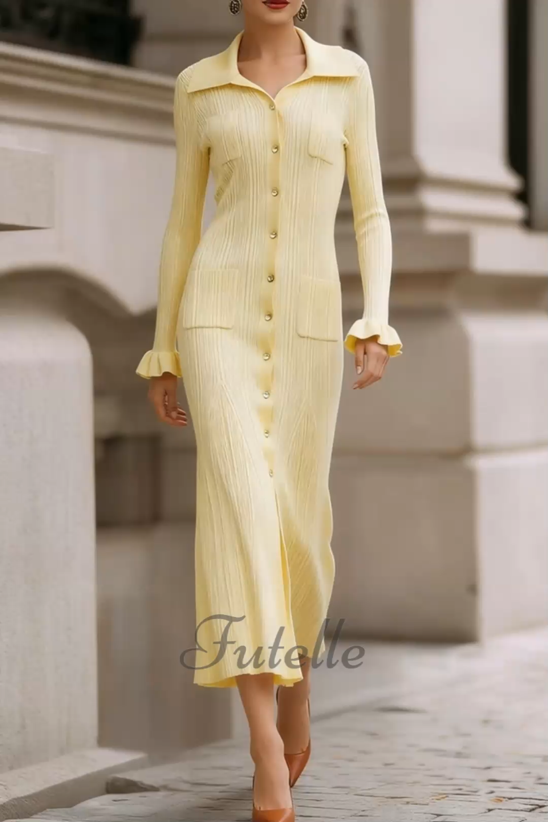 Elegant Lapel Buttoned Cozy Knit Maxi Dress