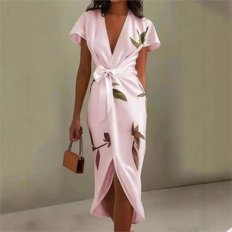 Stylish Satin Print Belted Dress