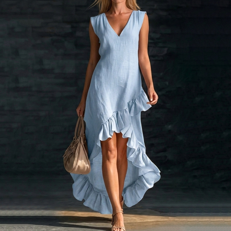 Sleeveless V-neck Ruffled Hem Linen Dress