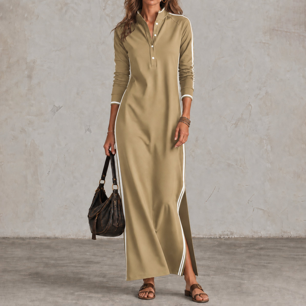 Elegant Minimalist Button-collar Long-sleeve Maxi Dress