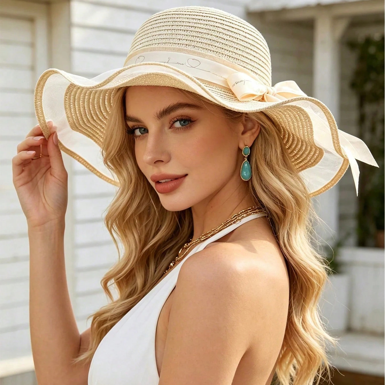 Wide-brimmed Bow Ribbon Beach Hat 