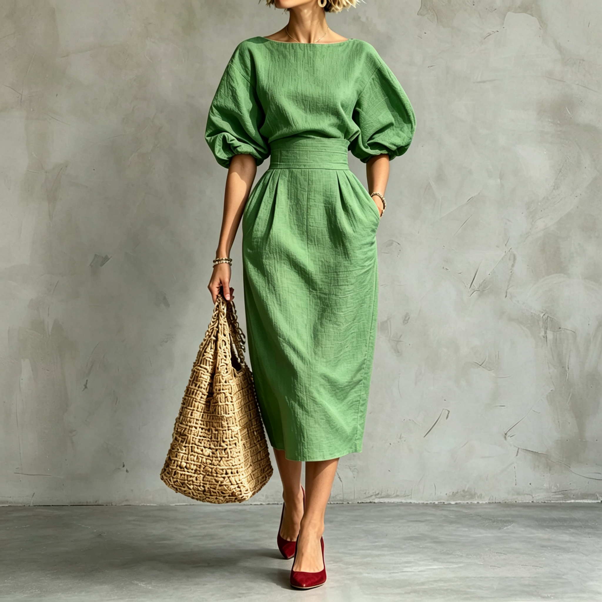 Elegant Pleated Waist Boat Neck A-line Skirt With Puff Sleeves Max Dress