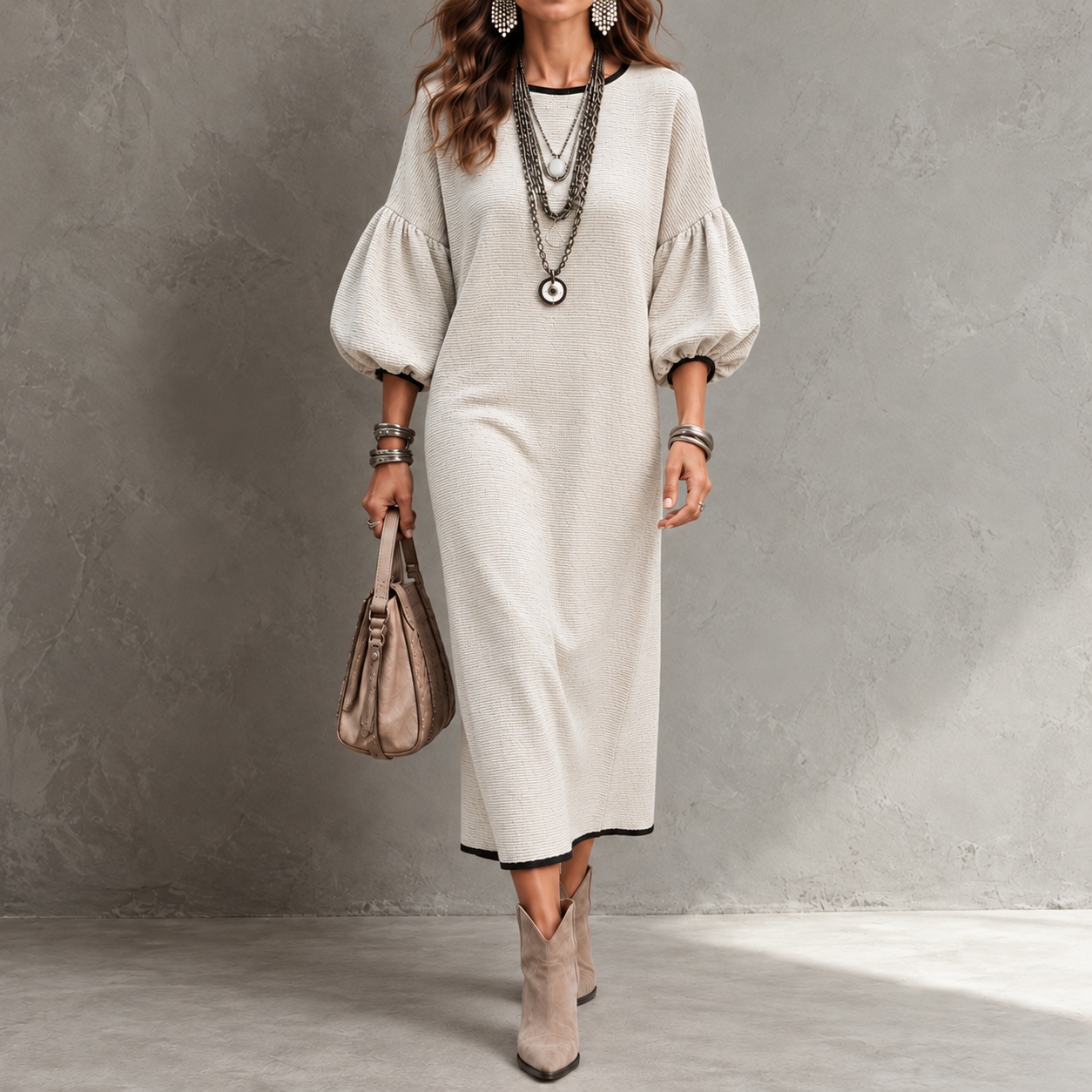 Elegant Solid-color Crew Neck With Puff Sleeves Maxi Dress