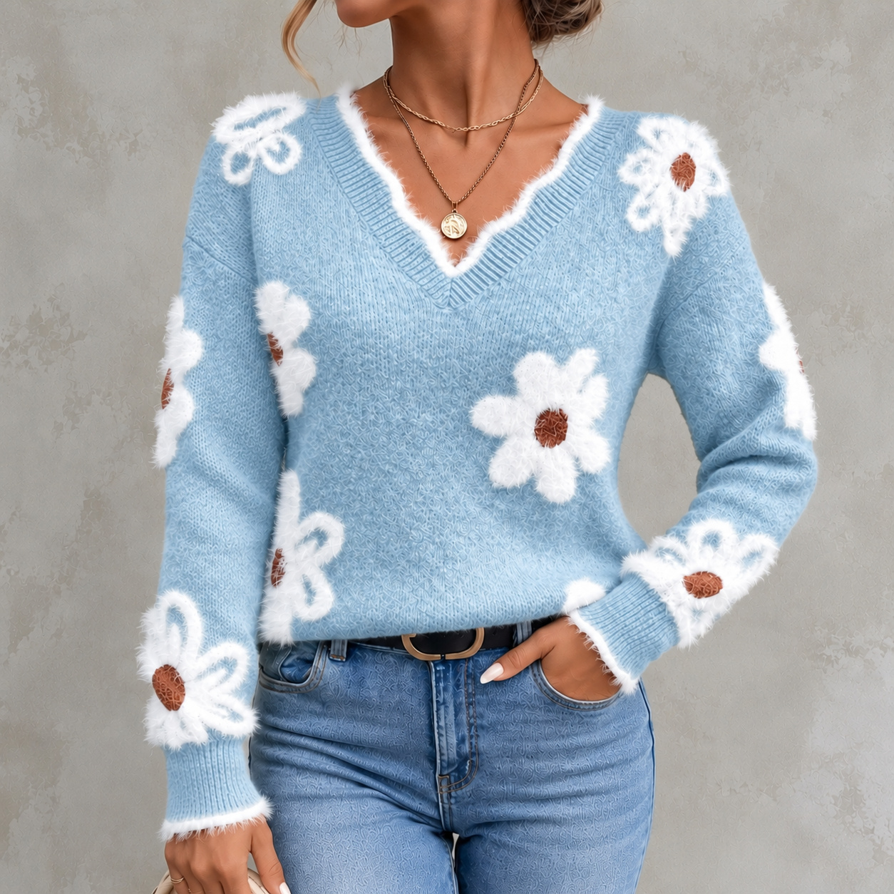 Elegant Floral Jacquard Knit V-neck Sweater
