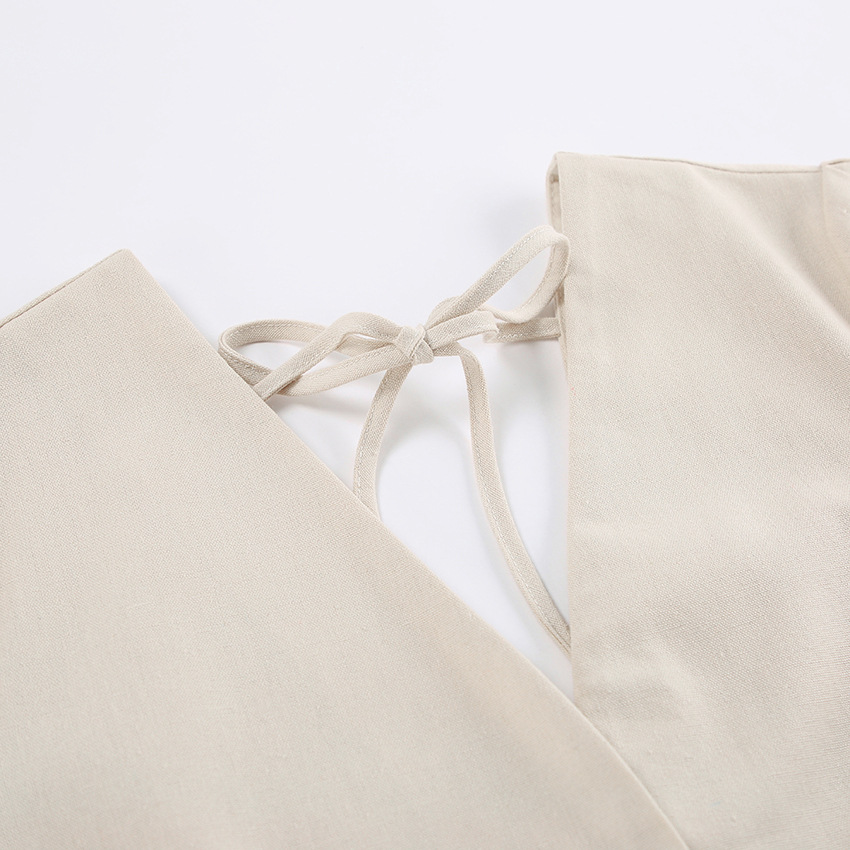 Vacation Cotton Linen Puff Sleeve V-neck Maxi Dress