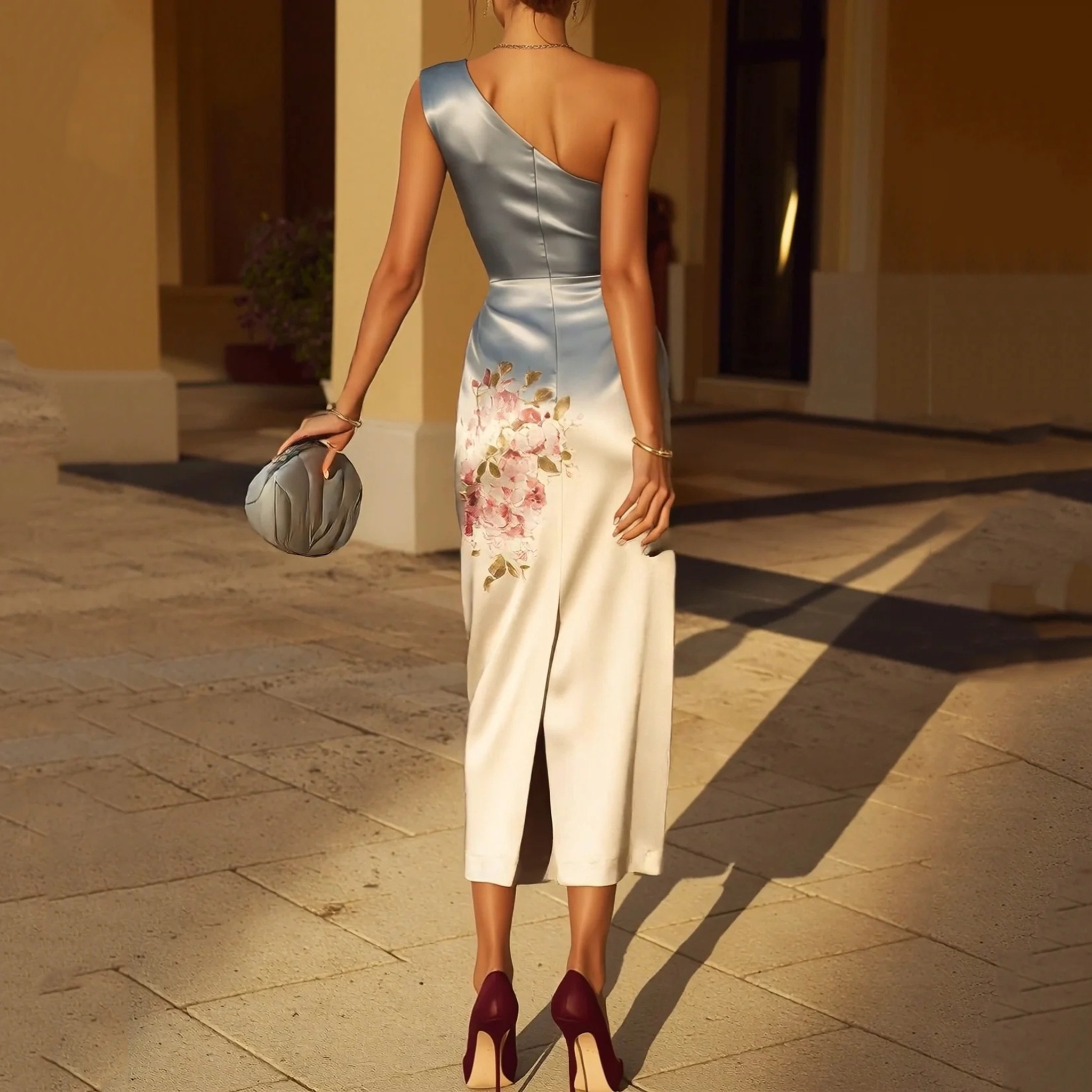 Elegant Floral Print One Shoulder Midi Dress