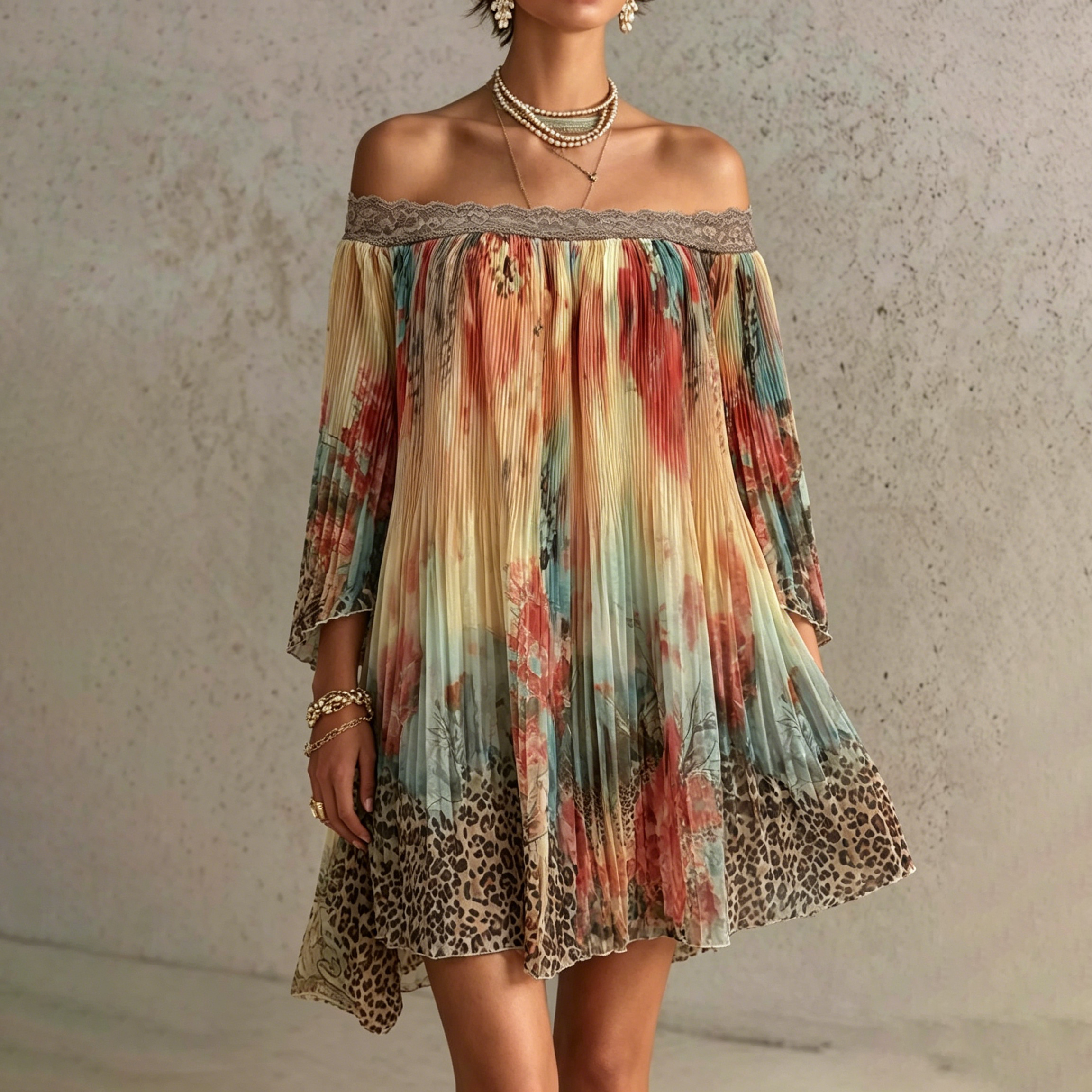 Retro Floral Bell Sleeve Print Ruffle Off-the-shoulder Lace Mini Dress