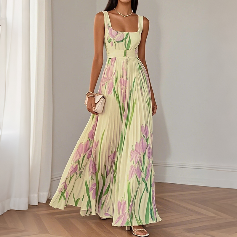 Elegant Floral Pattern Sleeveless Pleated Dress