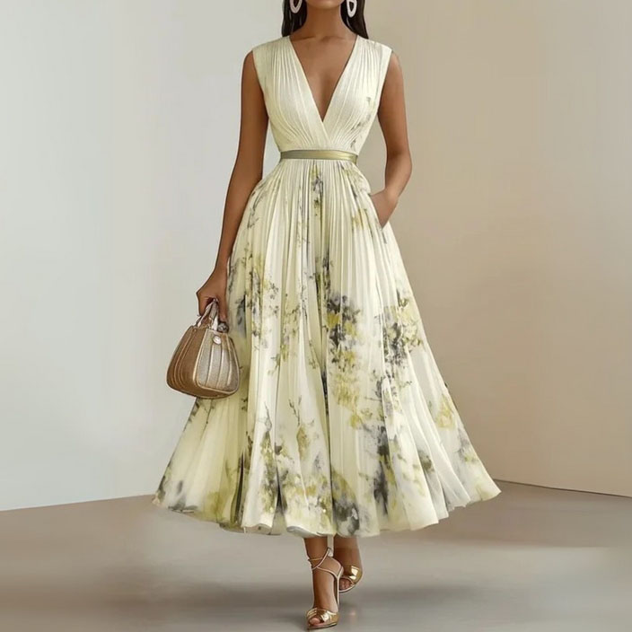 Women's Printed V-neck Sleeveless Fashion Pleated Dress