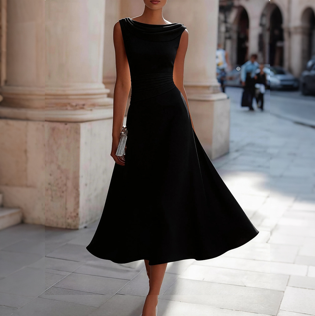 Elegant Stacked Neckline Waist Slimming Midi Dress