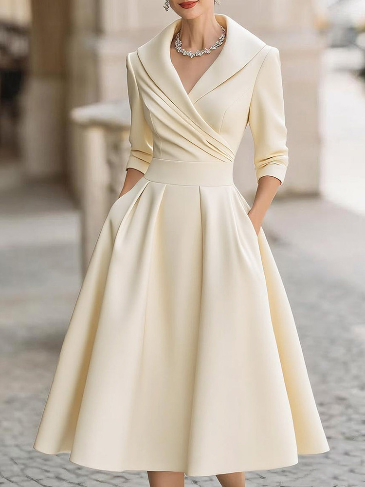 Vintage-inspired Satin Midi Dress With Draped Collar