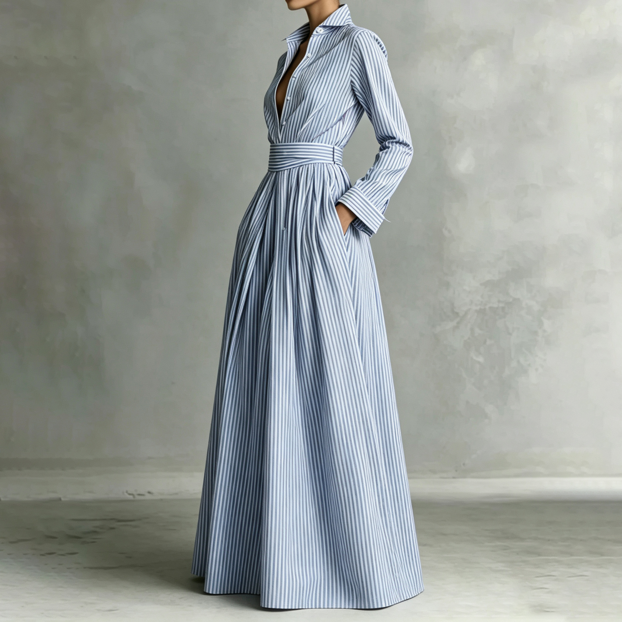 Elegant Striped Front-opening Long Shirt  Maxi Dress
