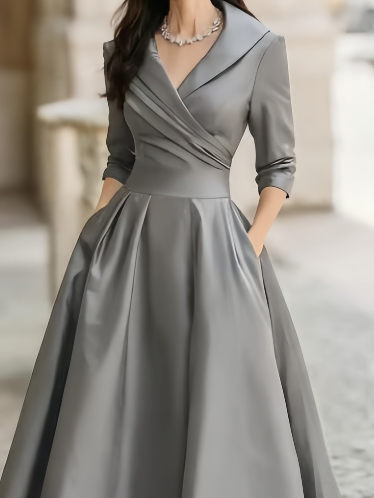 Vintage-inspired Satin Midi Dress With Draped Collar