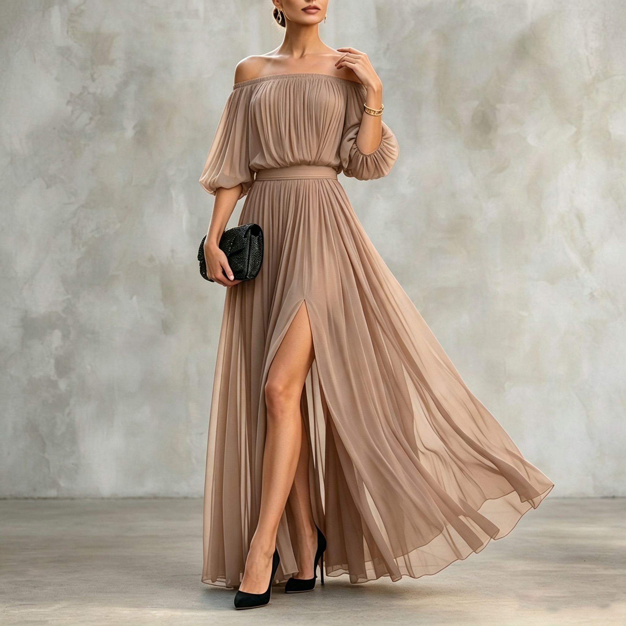 Off-shoulder Pleated Chiffon Maxi Dress