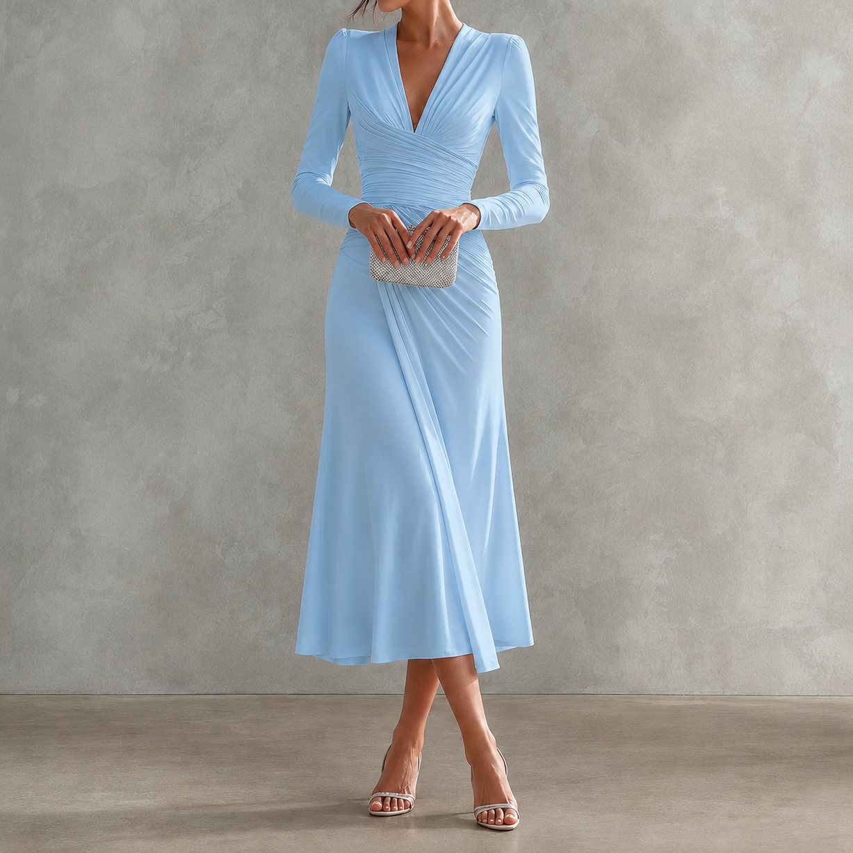 Elegant V-neck Pleated Irregular Long-sleeved Solid Color Maxi Dress