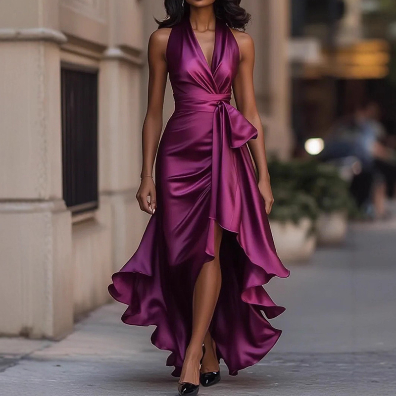 Elegant V-neck Irregular Ruffle Midi Dress