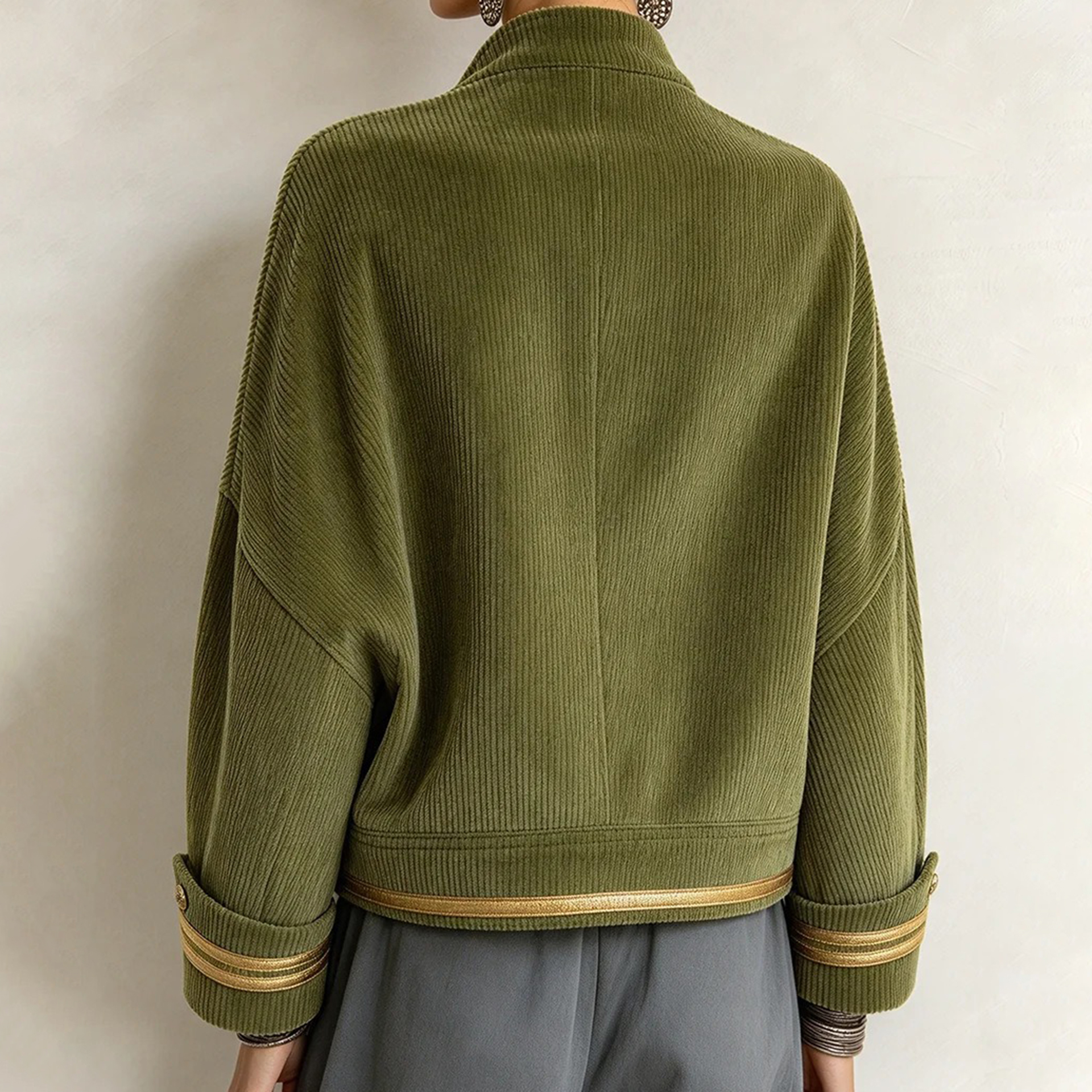 Women's Fall Winter Cozy Napoleonic Stand-up Collar Gold Trim Double-breasted Button Corduroy Jacket