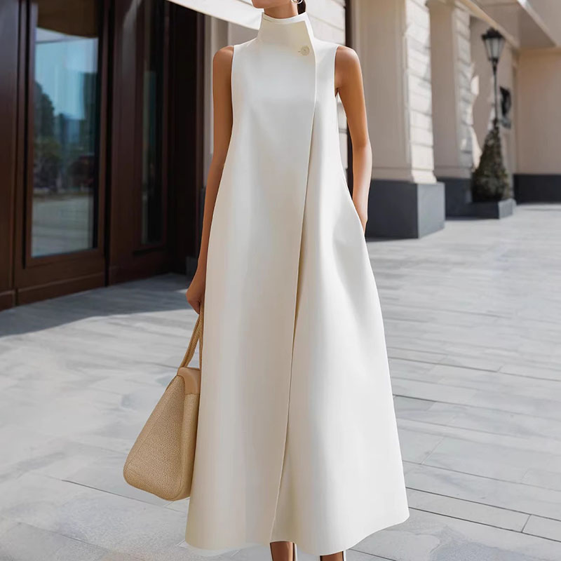 Elegant Stand Up Collar Sleeveless Midi Dress