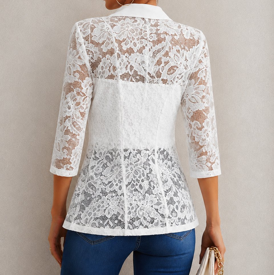 Lace Spliced 3/4 Sleeve Lapel Casual Blazer